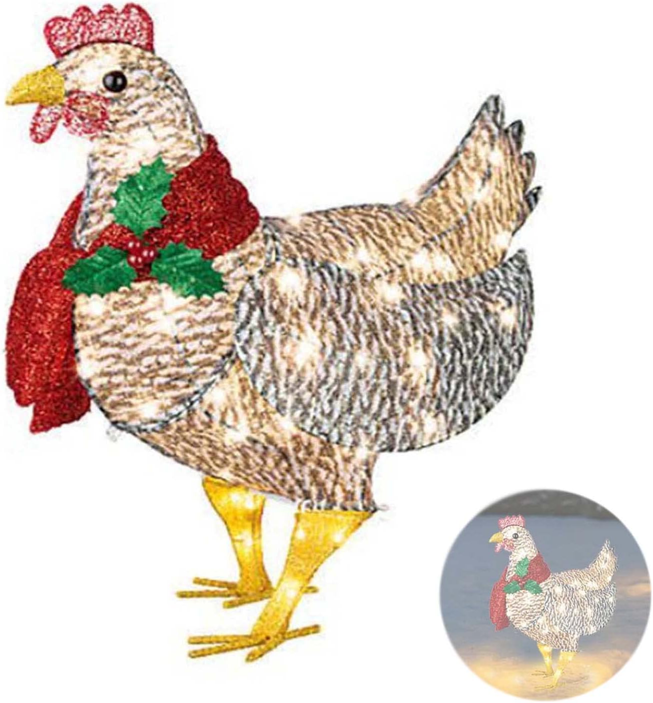 Ssltdm Chicken with Scarf Holiday Decoration, LED Christmas Outdoor Decorations Metal Christmas Ornaments for Garden Patio Lawn-A||20x31cm