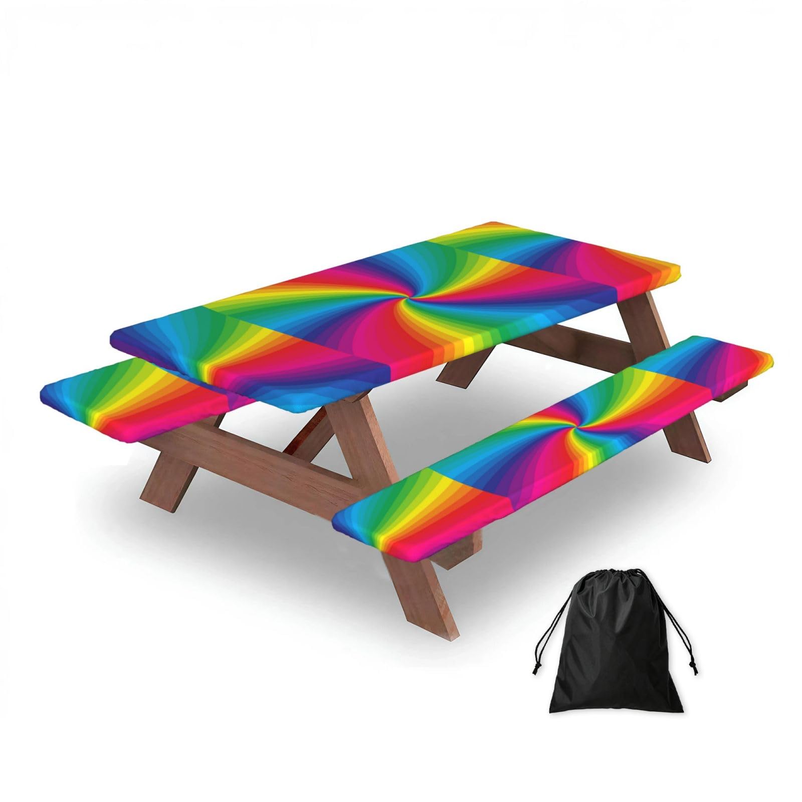 Rainbow Colorful Spiral, Picnic Table Cover With Bench Covers -Waterproof Elastic Fitted Tablecloth for Garden Camping Patio 76x152cm