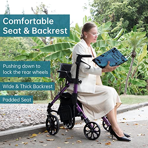 Elenker 2 in 1 Rollator Walker & Transport Chair, Folding Wheelchair Rolling Mobility Walking Aid with Seat Belt, Padded Seat and Detachable Footrests for Adult, Seniors (Purple) - Thumbnail 4
