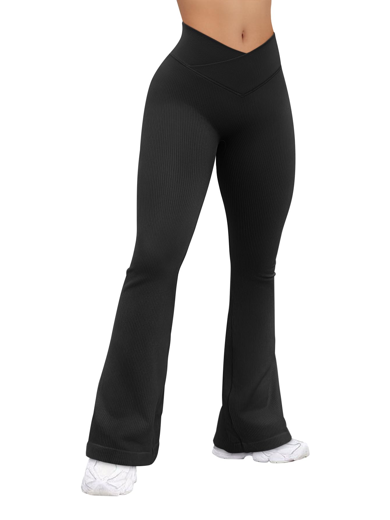 OQQ Womens Flared Pants Ribbed Cross Over High Waist Bell Bottoms Lounge Travel Pants