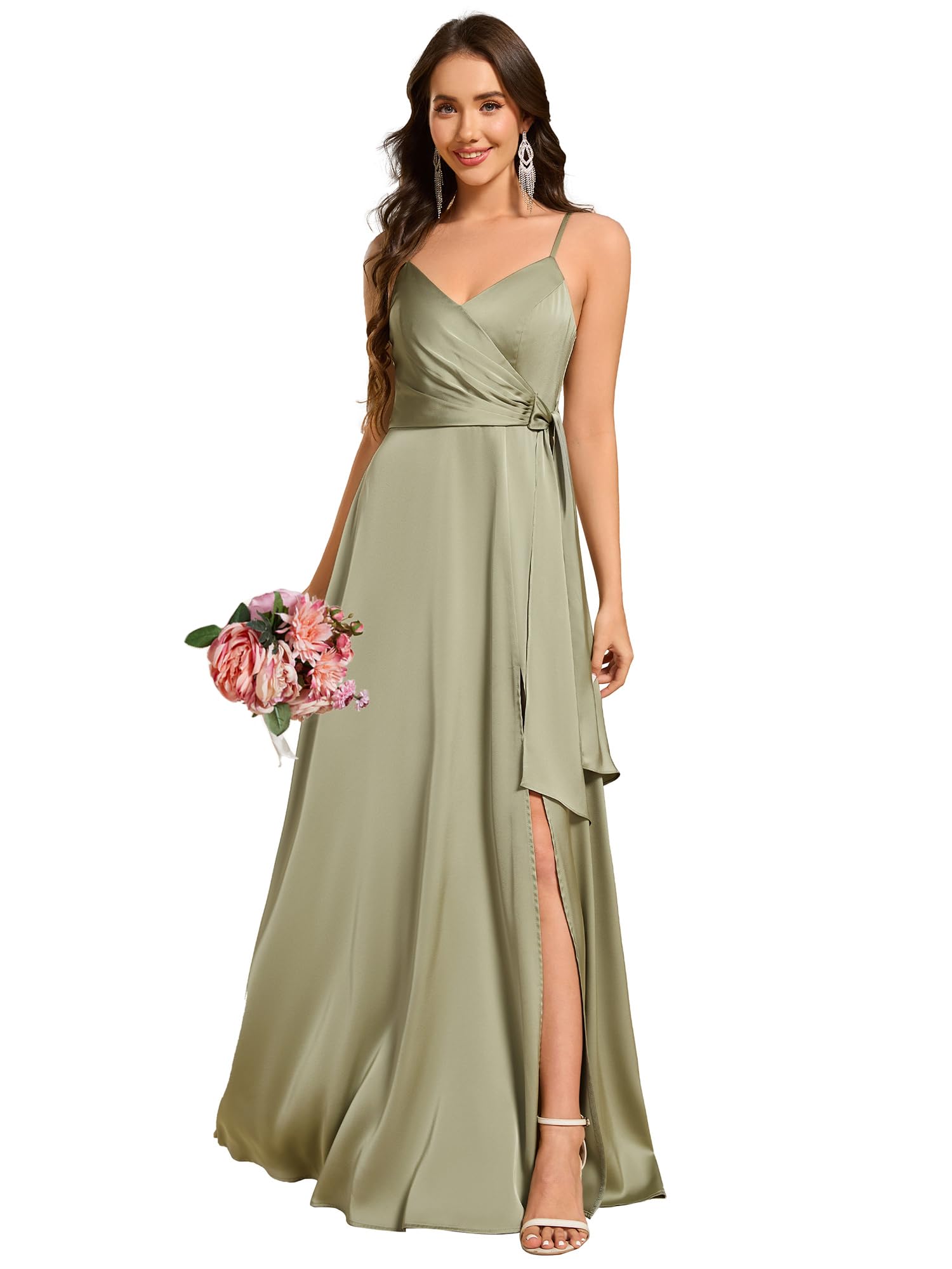 Ever-Pretty Women's Sexy Spaghetti Straps Ruched V Neck Floor Length Satin Formal Dress with Slit 02317