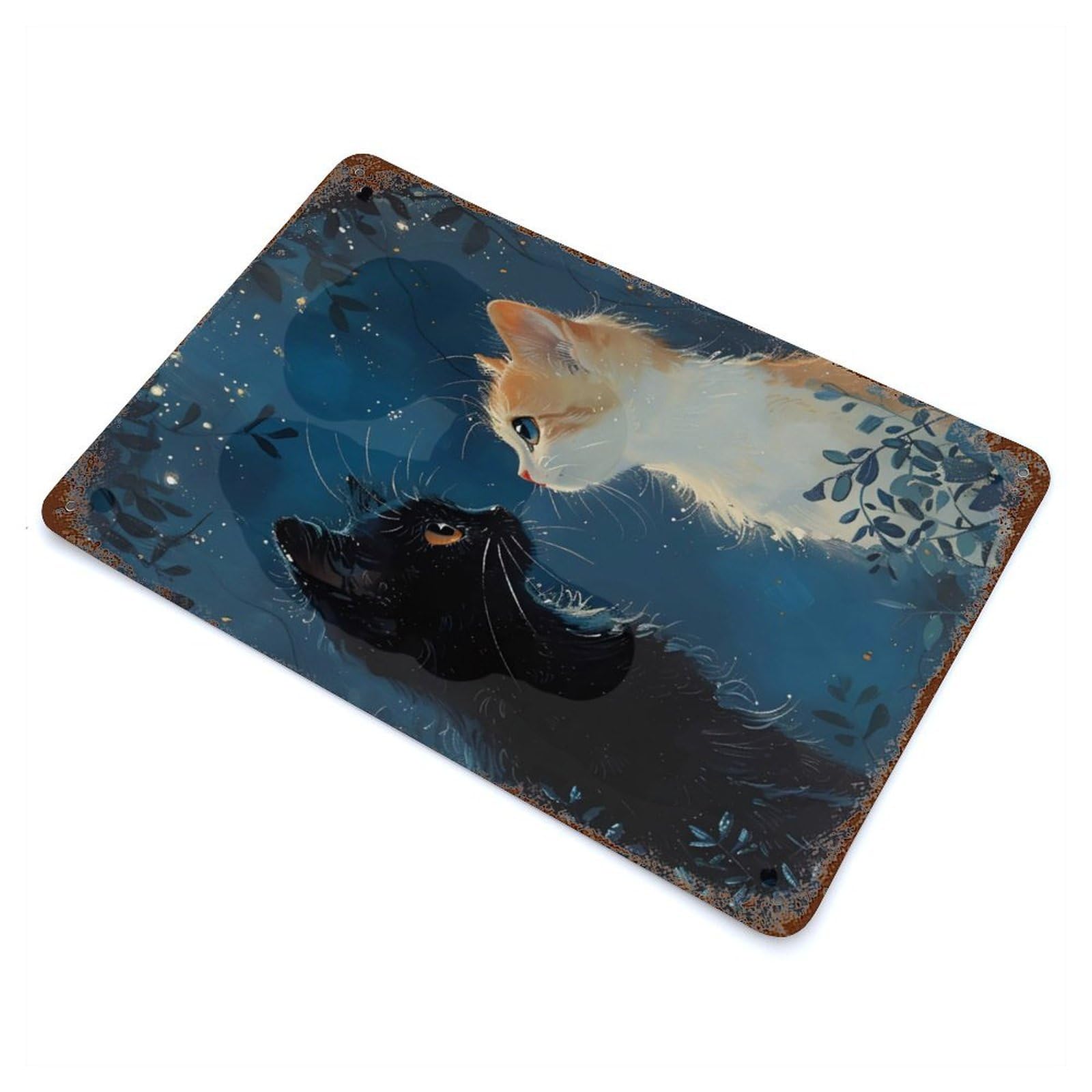 Aged Metal Wall Plaque with Couple Cat Starry Night Design 11.8"x7.9", for Basement, Hobby Room And Garage Decor, Farmhouse Wall Decor