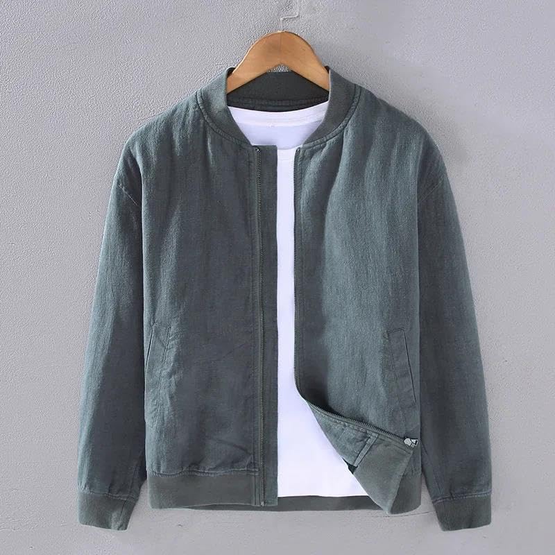 Men's Spring Summer Jacket – Daily Cotton Linen Coats Baseball Solid Color Stand Collar Zipper Closure Top2
