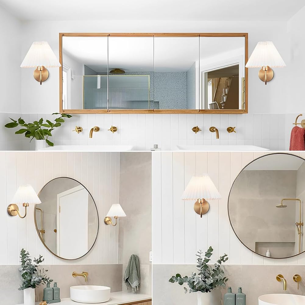 2 Stück LED Akku Wandleuchte Ohne Stromanschluss Innen Gold Wandlampe Batterie mit Fernbedienung Dimmen Wandbeleuchtung Kabellos Aufladbare Wohnzimmerlampe Stoffschirm Retro Boho Lampe Messing