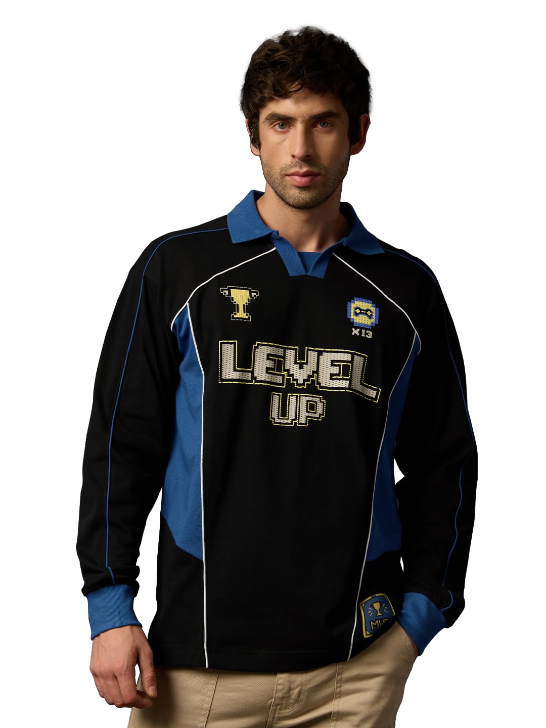 the souled store Level Up Men and Boys Long Sleeve Polo Black and Blue Graphic Printed Gamer Casual Lightweight Drop Shoulder Streetwear Trendy Oversized Full Sleeve Polos-picture-32