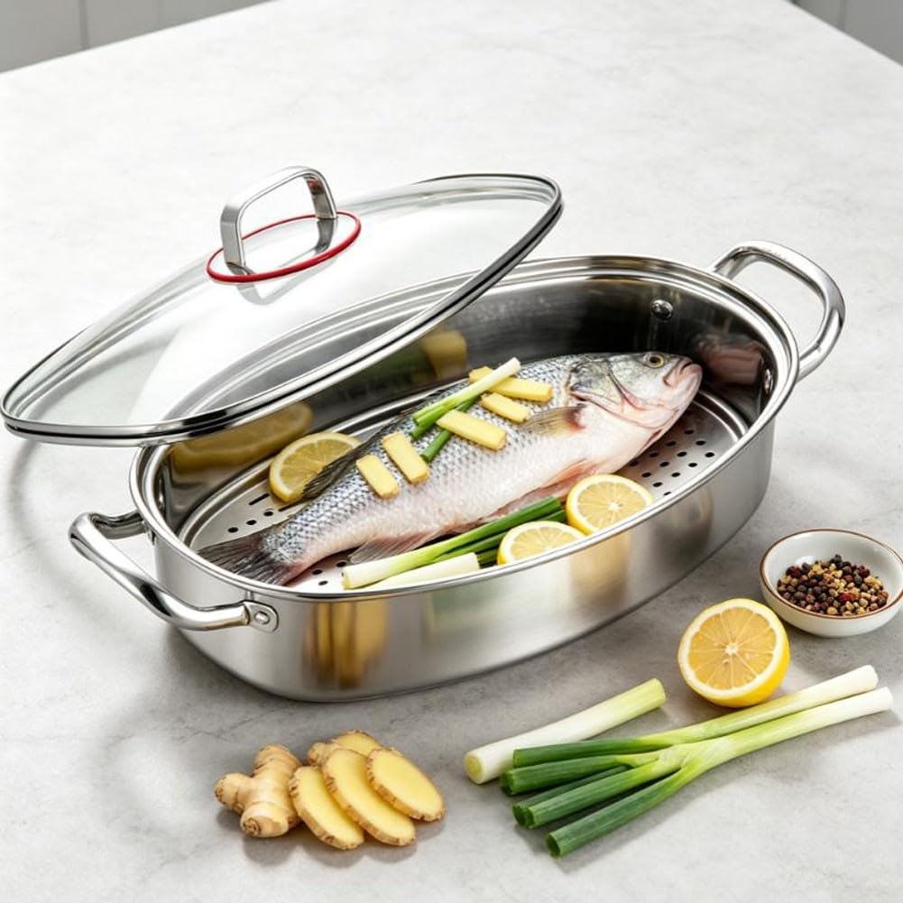 Olla para acero Inoxidable 304 para Pescado 38cm con Vaporera
