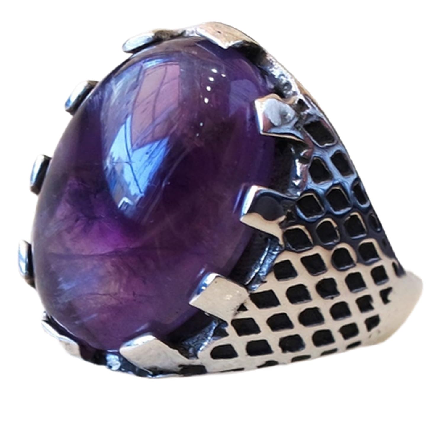 Joyería de estilo antiguo de piedra preciosa enorme de amatista púrpura, anillo de declaración, anillo de sello de hombre pesado, regalos del día del padre, anillo oxidado de plata