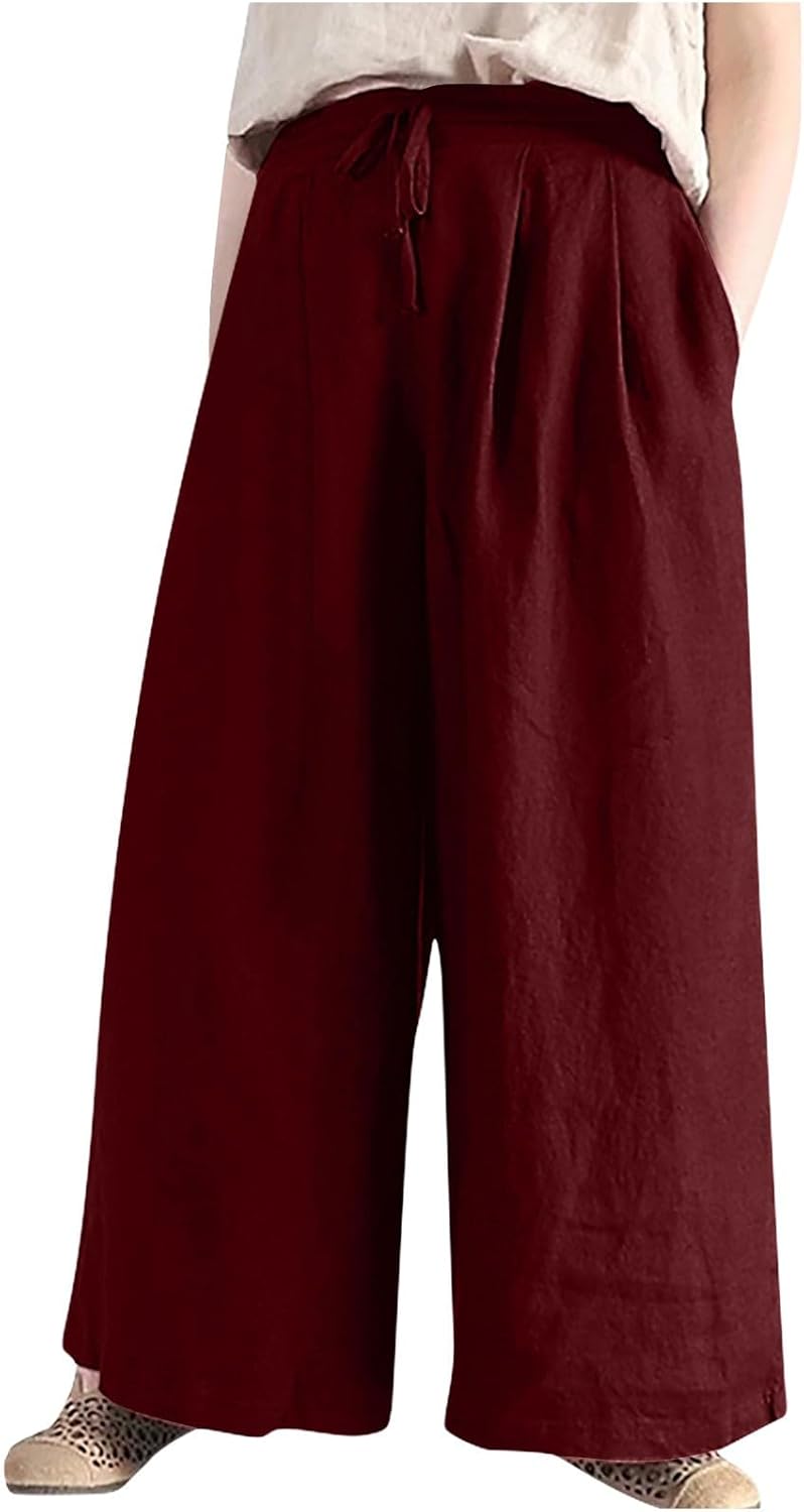 Cotton Linen Palazzo Pants for Women Drawstring Waist Wide Leg Loose Trousers Lightweight Summer Pants with Pockets