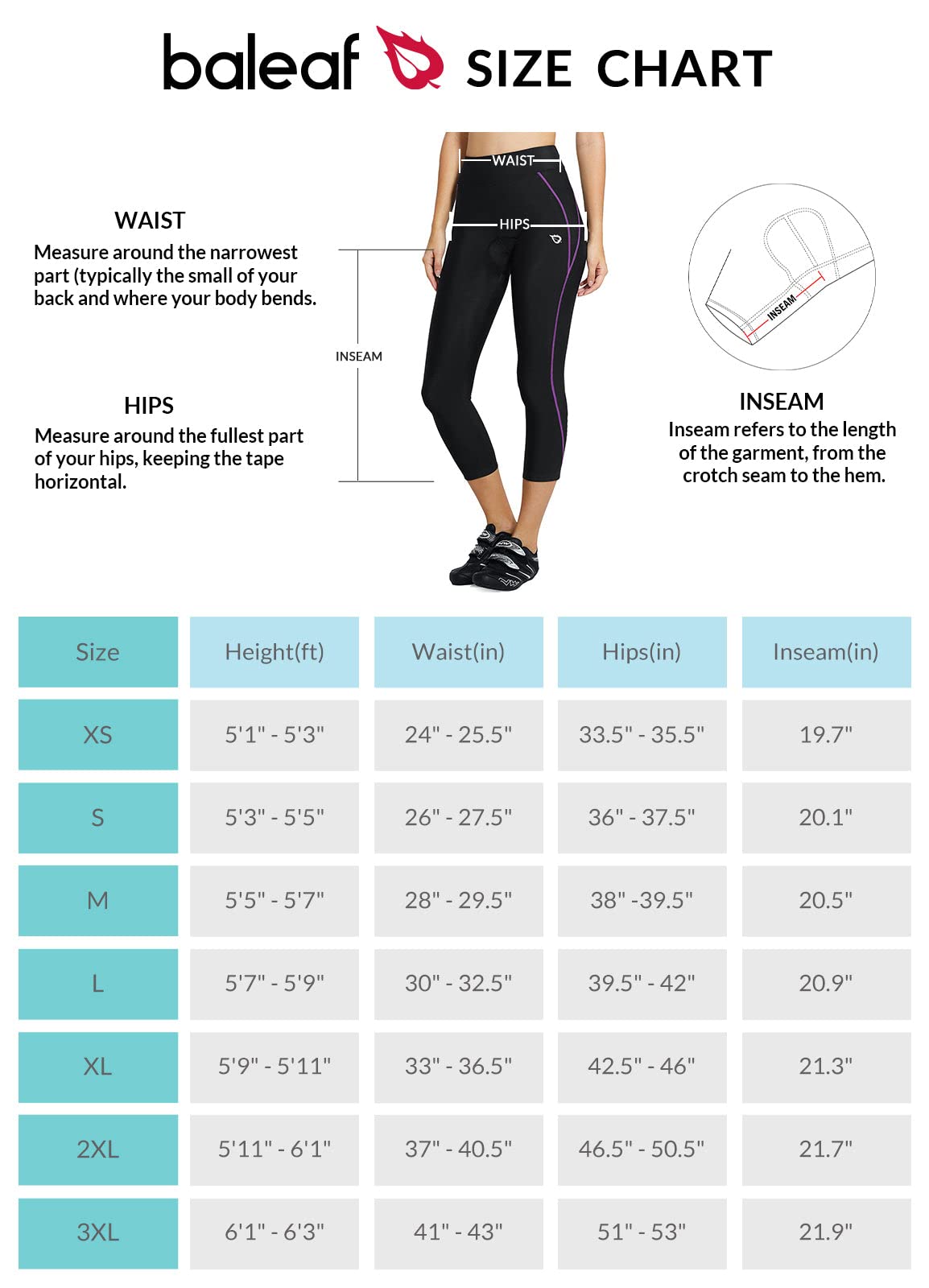 baleaf Pantalon Cycliste Femme Rembourré Leggings de Vélo Collants Pantalon Cyclisme 3/4 Longues avec Coussin pour Femme VTT Respirant