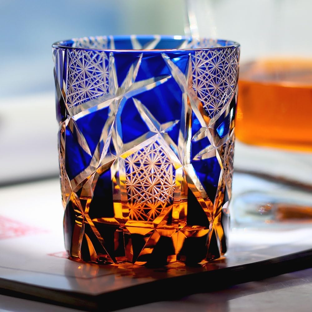 JINZHI Edo Kiriko Old Fashioned Glasses Crystal Whiskey Glasses Cobalt Blue 9 OZ Wine Glass With Gift Box for Whiskey Scotch Bourbon Cocktail And Juice Drink - Image 5