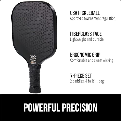 Miniatura 2 de Gorilla Gear USAPA Approved Pickleball Starter Set, Fiberglass Paddles with Bag and Balls, Indoor Outdoor Court Use, Comfortable Racket Grip, Negro