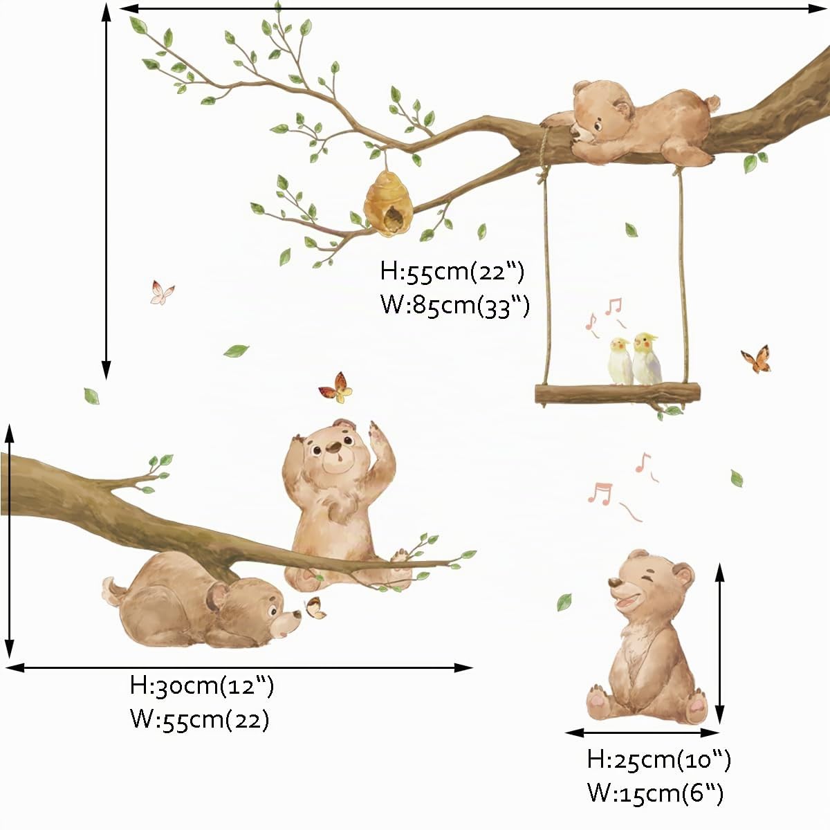 Runtoo Calcomanías de pared con diseño de oso y ramas de árbol de animales del bosque, para dormitorio de niños, guardería, decoración del hogar