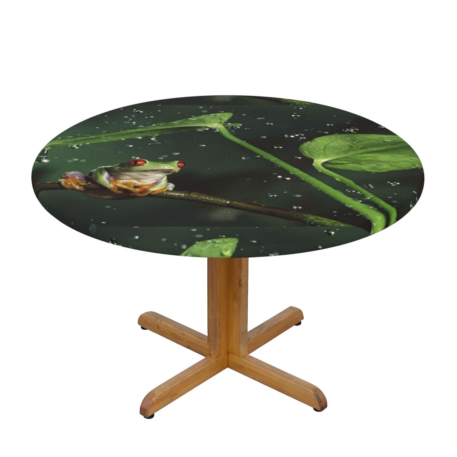 Ffshkowe Frog And Rain Elastic Round Tablecloth Oil Proof Table Cover For Dining Party Picnic