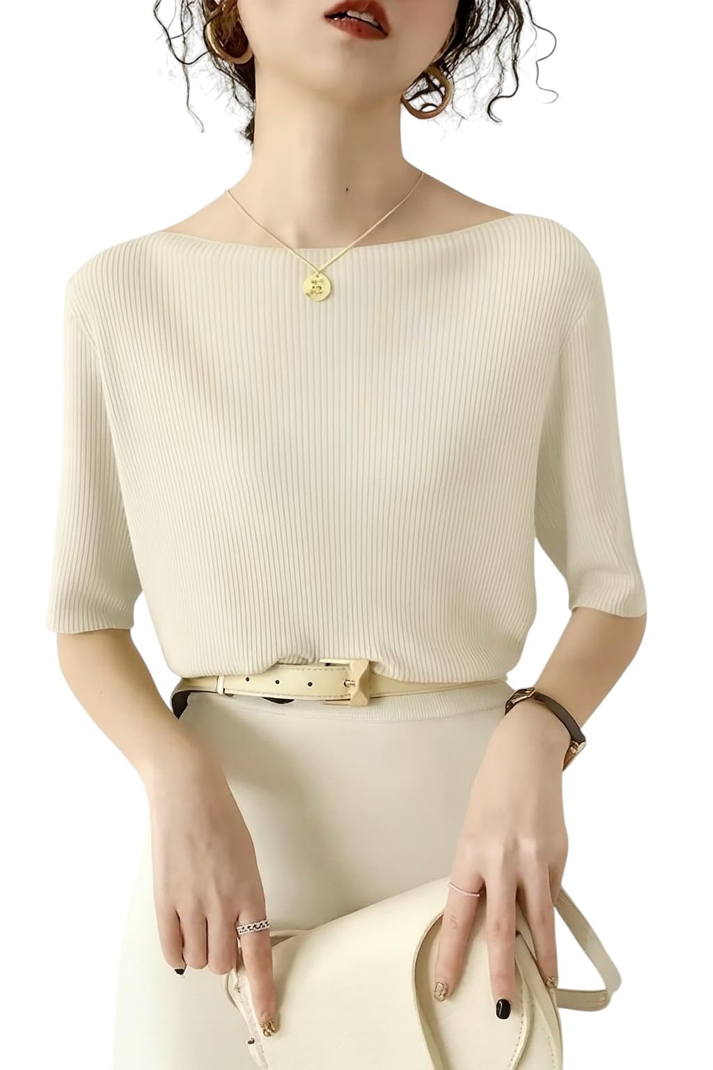 traquila Boat Neck Half Sleeves T-Shirt Top for Women (Beige XL)-picture-22