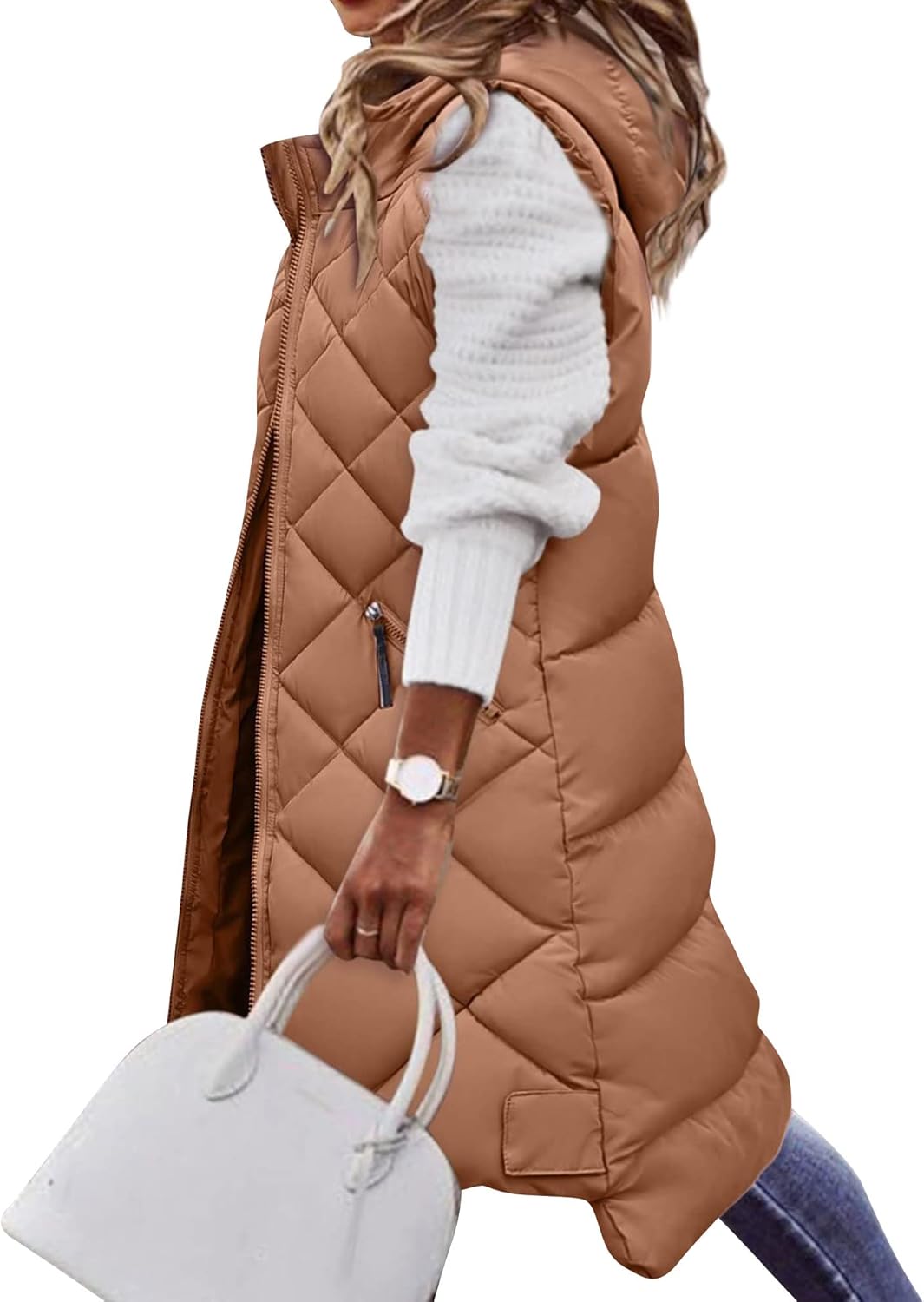 ULAIK Women's Long Down Vest Sleeveless Hooded Jacket Winter Warm Slim Zipper Coats
