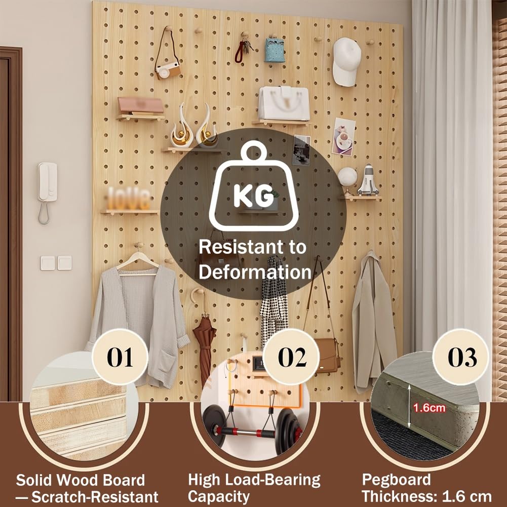 Estante de madera para tablero de clavijas, kit de panel de almacenamiento de pared con clavijas y separadores de madera, estante flotante y almacenamiento colgante para dormitorio, apartamento