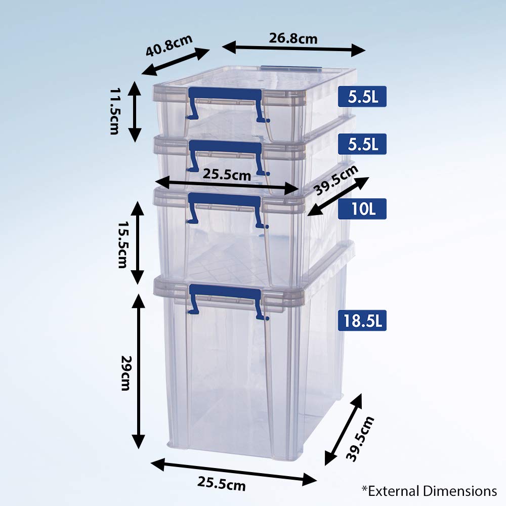 Bankers Box Prostore 4 scatole porta oggetti in plastica con coperchio, 2x5,5 L + 1x18,5 L + 1x10 L, impilabili, scatole per armadio super resistenti, contenitori plastica trasparente, 4 unità