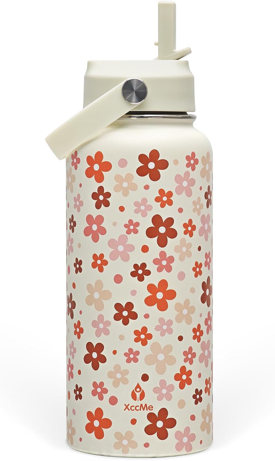 XccMe 32 oz Insulated Water Bottle with Lid,Flower Stainless Steel Water Bottl with Flip Straw and Handle,Gifts for Women Girls Teens Birthday Christmas,Leak Proof Cute Metal Water Bottle