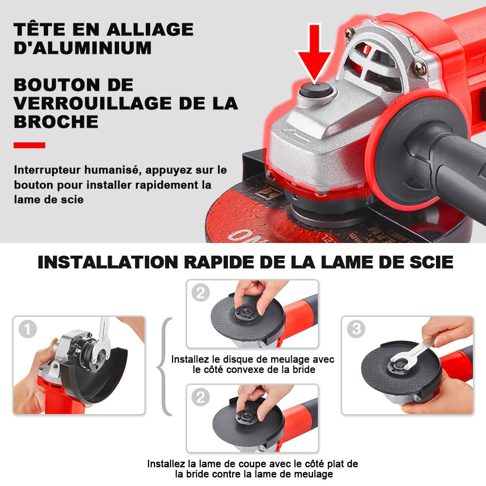 TEENO Meuleuse D'angle 125mm 1000W 2000-12000 trs/min Avec 20 Accessoires, Meuleuses D'angle Avec Sac à Main en Toile, Disqueuse 125 mm, Coupe et le Meulage, le Polissage, Métal, Bois,Céramique,Pierre