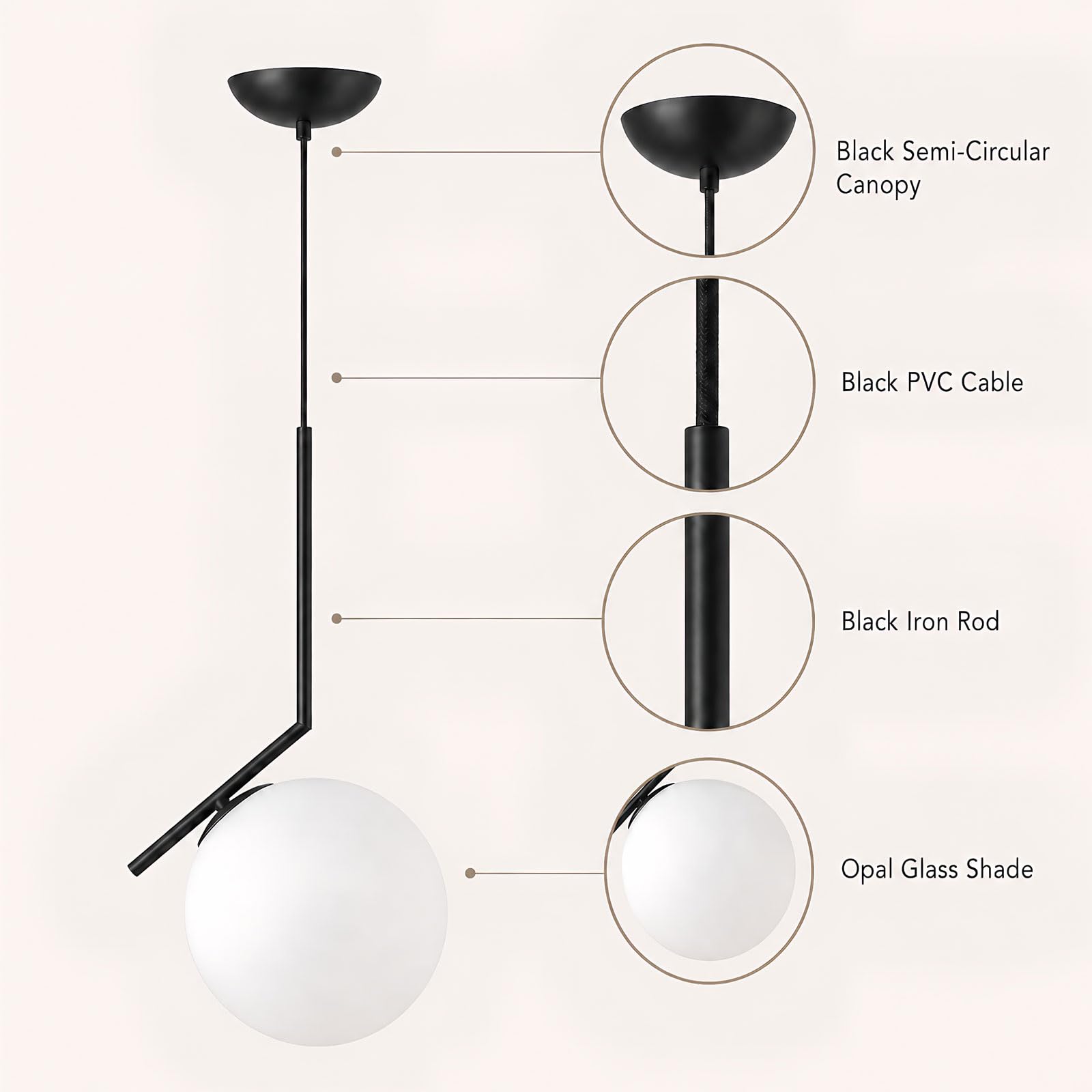 Lámpara Colgante Moderna de Vidrio Globo de Vidrio Opalino Acabado Metálico E27 Hanging Light Cable Ajustable 120cm para Isla de Cocina Comedor Dormitorio Cafetería (Negro, 20cm)