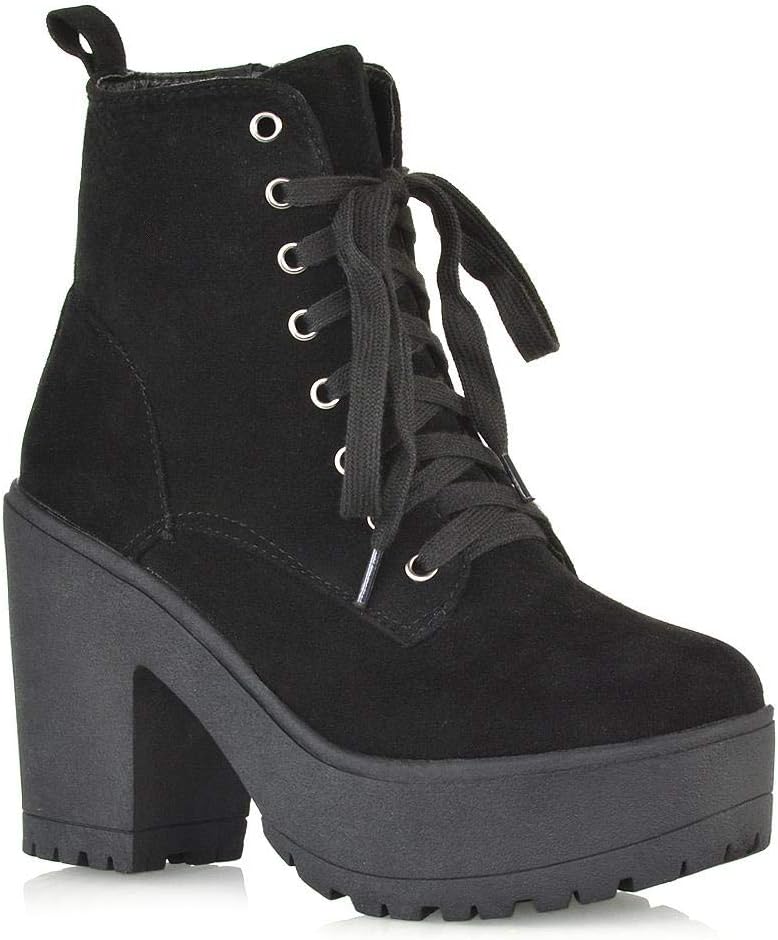 ESSEX GLAM Womens Lace Up Ankle Boots Ladies Black Faux Suede Block Heel Zipper Chunky Platform Retro Gothic Combat Booties Shoes 6 B(M) US