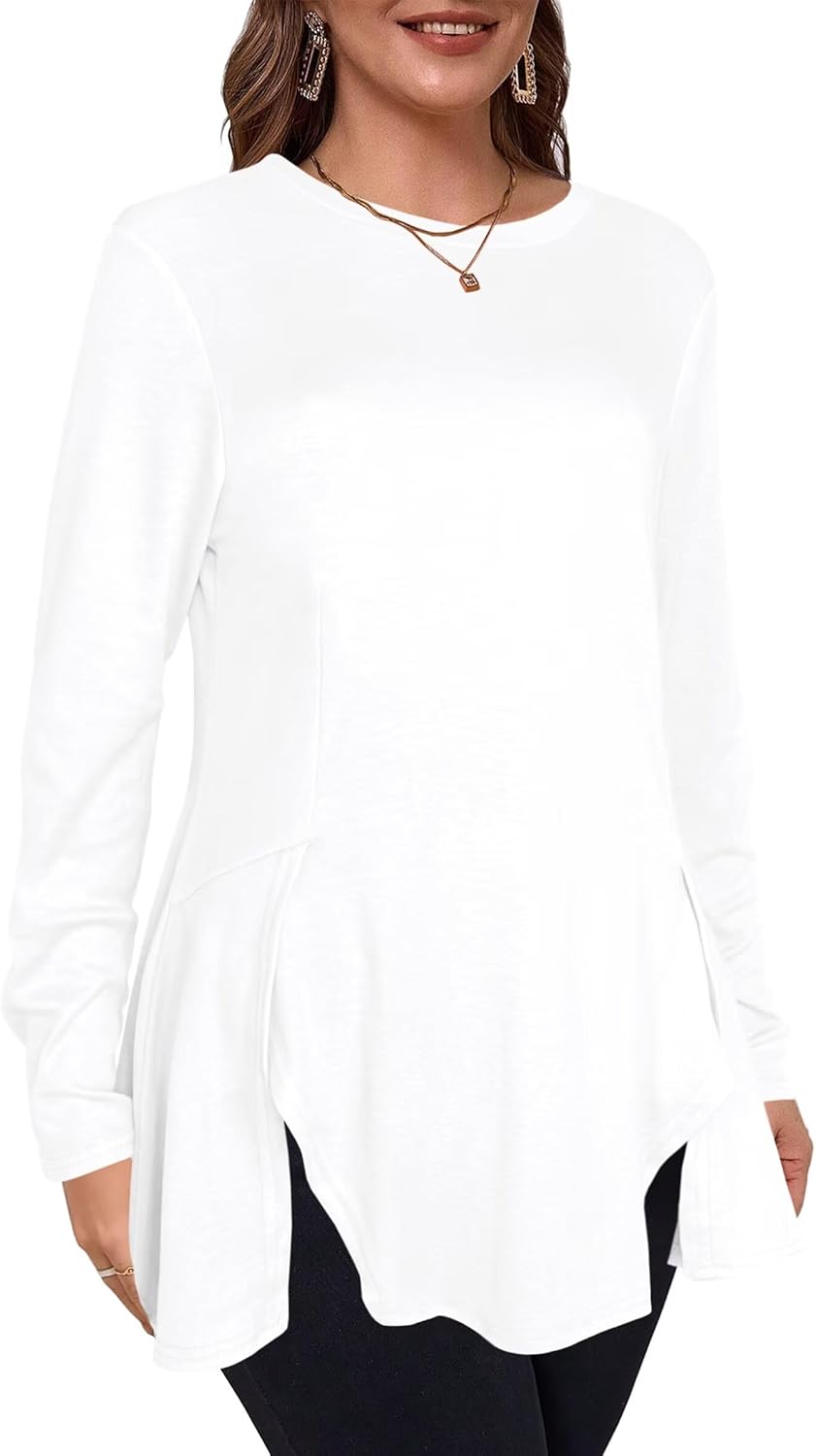 Afibi Crew Neck Long Sleeve Tunic Tops for Women Loose Fit Dressy for Leggings with Side Split - Image 4