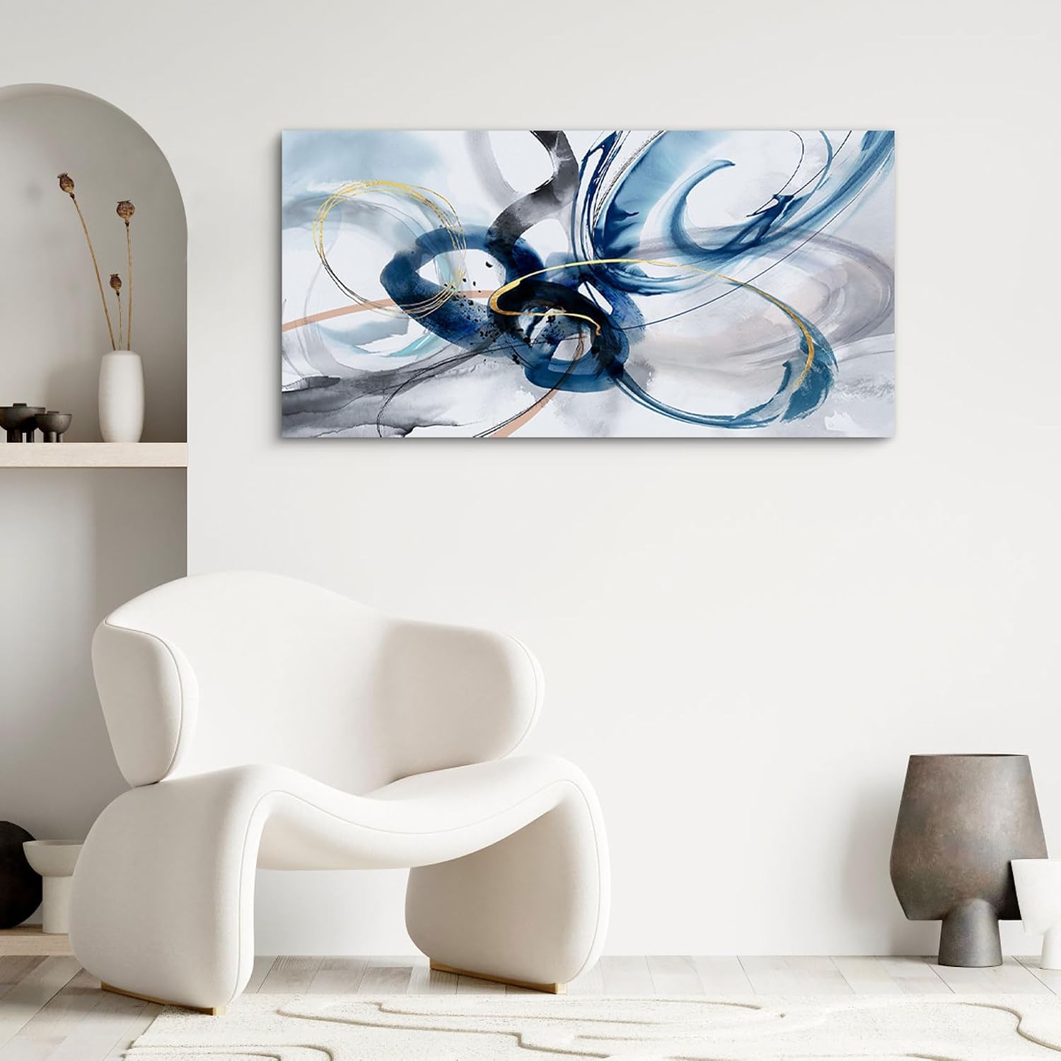 Arte abstracto para pared - Cuadros azules y blancos para decoración de pared, lienzo para sala de estar, decoración moderna para el hogar, estética para dormitorio (65 x 130 cm / Marco interior)