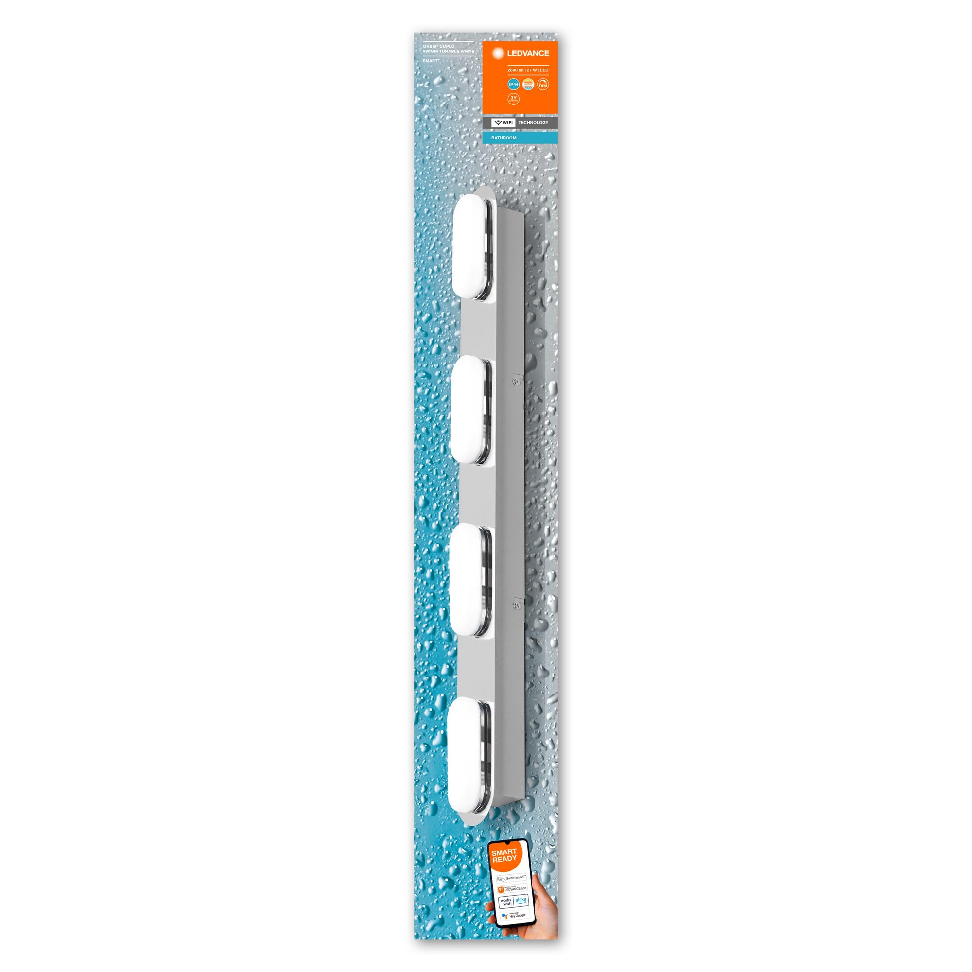 LEDVANCE Smart LED Badezimmerlampe chrome, 27W, 2800LM, 3000-6500K, 58cm, IP44, Orbis Duplo Wandleuchte, Badezimmerleuchte mit Wifi Technologie, dimmbar, steuerbar über App und Sprachassistenten