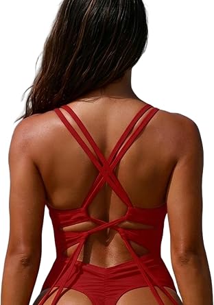 Sexybody Women Sexy One Piece Swimsuit Cheeky Thong Ruched Bathing Suit Tummy Control High Cut Crisscross Swim Suits