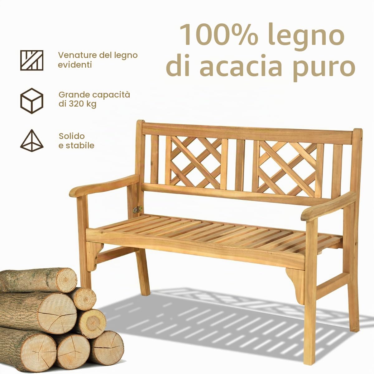 KOMFOTTEU Panchina Pieghevole da Esterno in Legno di Acacia, Carico 320kg | Panca da Giardino Portatile a 2 Posti, per Terrazzo, Balcone, Giardino