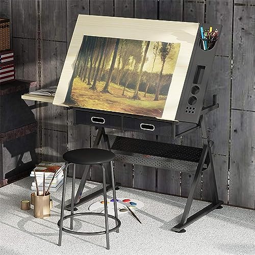 Drawing Tilting Tablet,Drafting Desk Wooden Drawing Table, Height Adjustable, Tiltable Tabletop 0°-80°, Art Craft Work Station, with 2 Storage Drawer