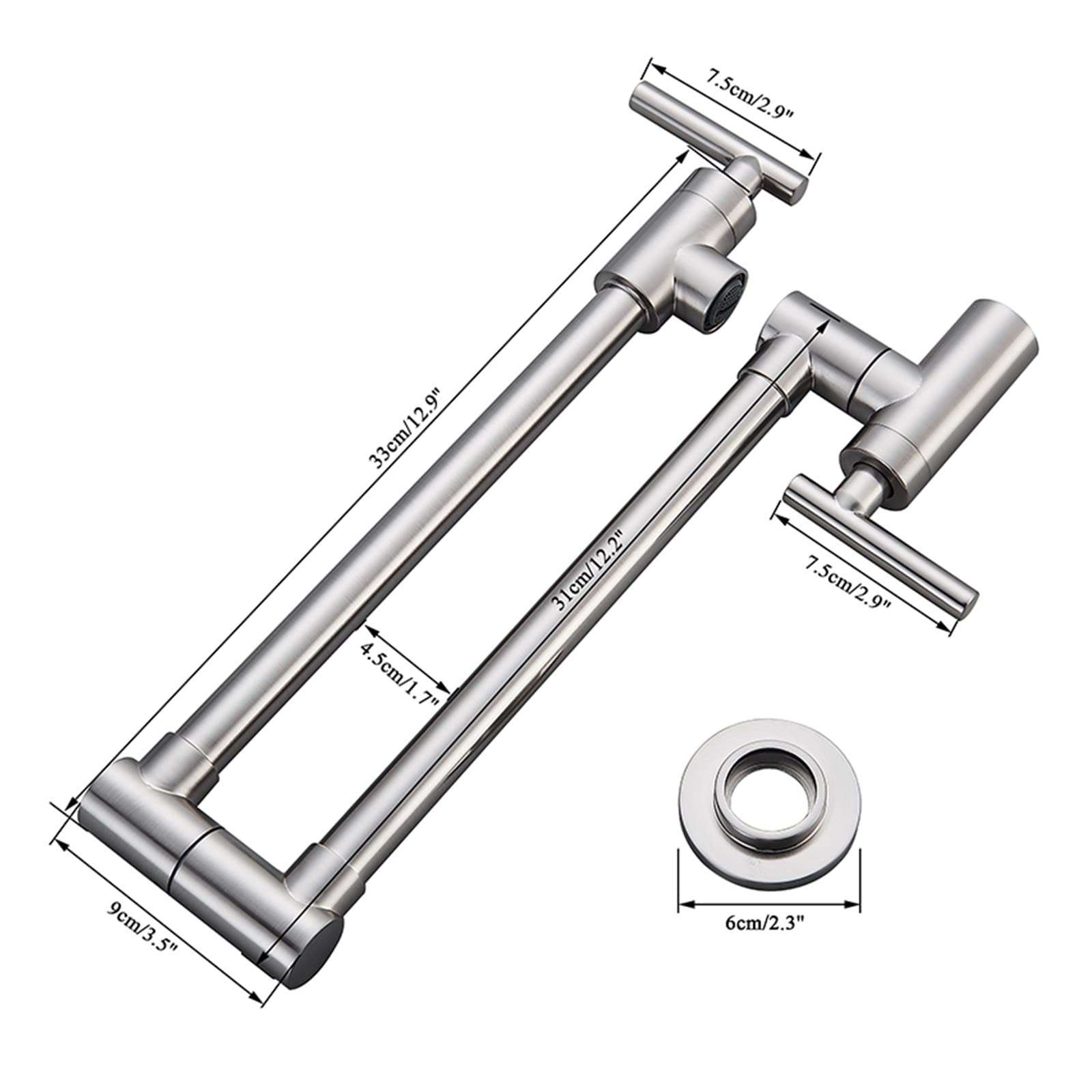 Rubinetto Fissato Al Muro, Pot Filler Doppio giunto Beccuccio Pieghevole Estensibile Braccio oscillante Parete Rubinetto da cucina in ottone Foro singolo Rubinetto for lavello da cucina a due maniglie