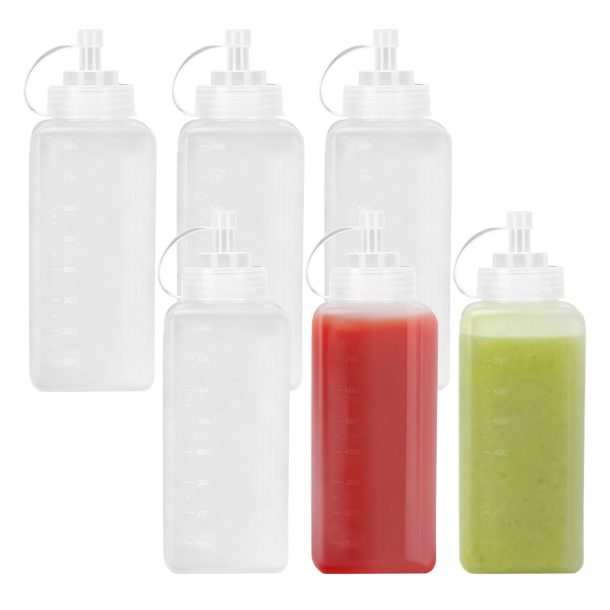 WeeGoo 6 Pcs 800ml Square Sauce Bottle, Plastic Squeeze Bottle with Nozzles