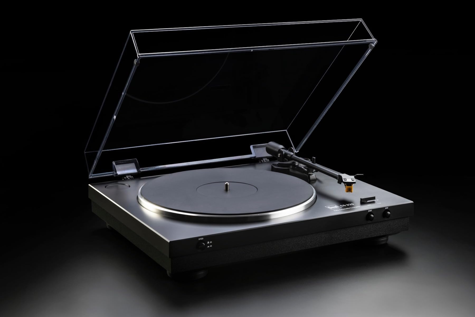Dual CS 329 - Schwarz, Aluminium & Gummi Schallplattenspieler mit Gummiantrieb und RCA (Phono) Anschluss, Vollautomatischer Betrieb, Plug Play, Kunststoffgehäuse, Schwarz
