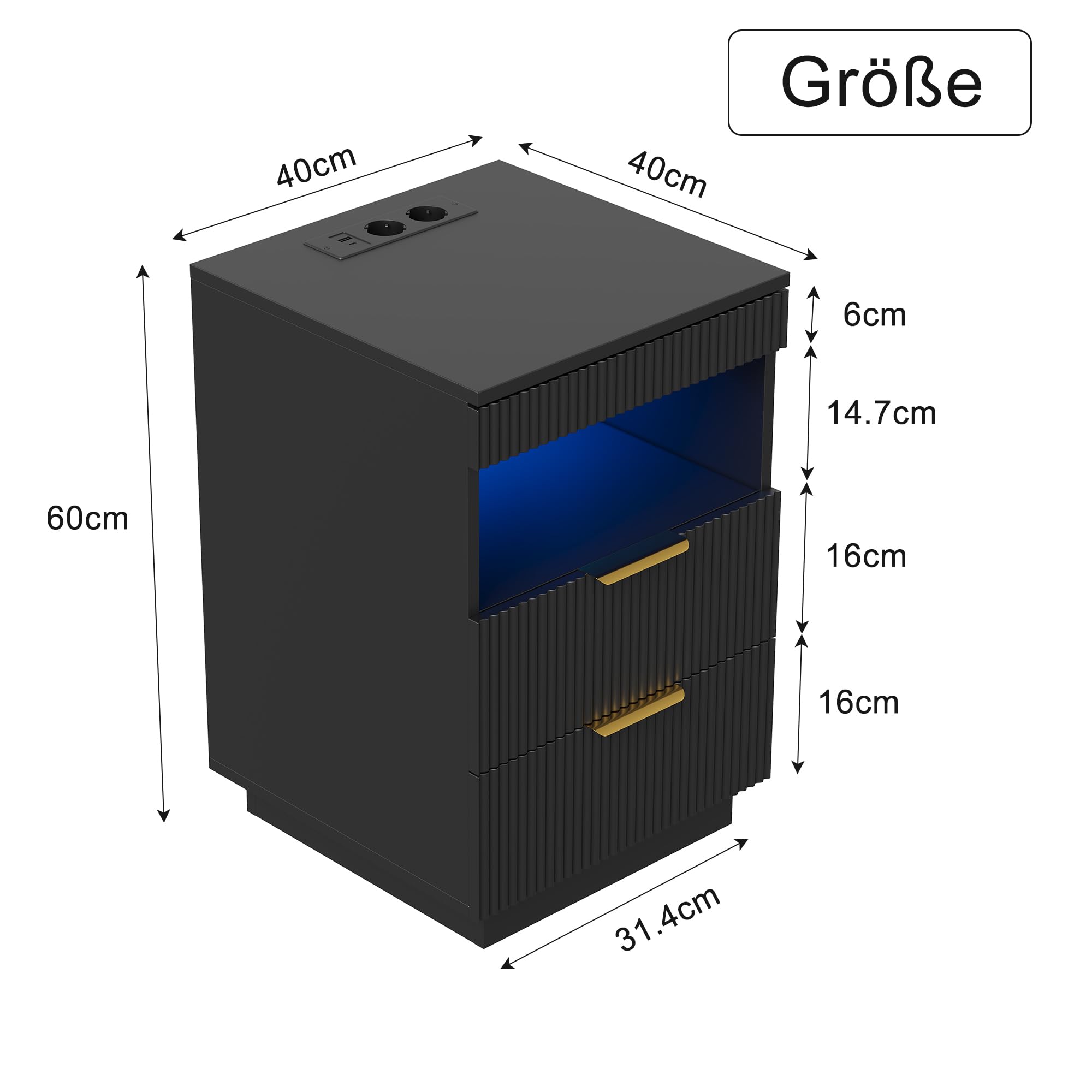 Mesitas de noche LED, mesitas de noche con 2 cajones y USB, mesa auxiliar con almacenamiento y compartimento abierto, mesa baja moderna para dormitorio, sala de estar, 40 x 40 x 60 cm, color
