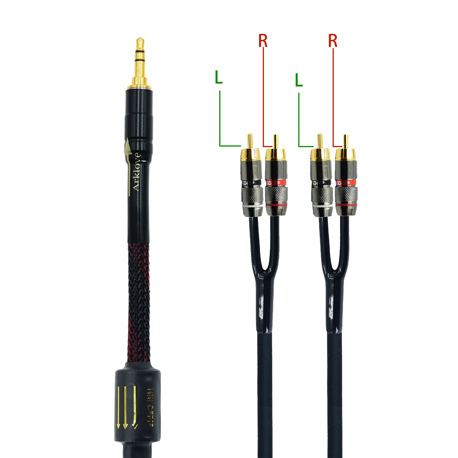 Arklove Cable divisor de salida RCA de 3,5 mm de entrada auxiliar blindado de 10 pies de 3,5 mm macho a 4 RCA macho en cable de altavoz dual chapado en oro de 24 quilates