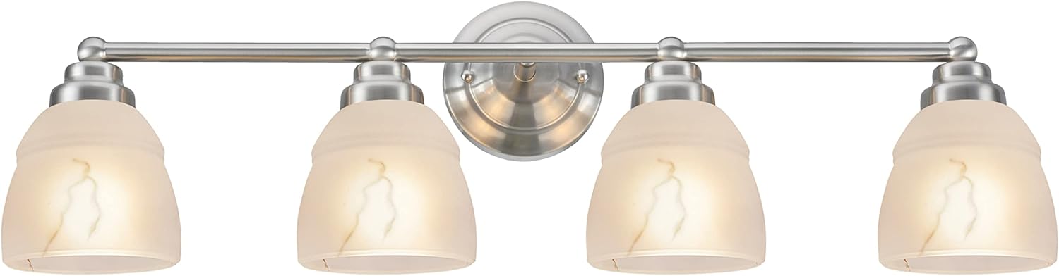 Aspen Creative Satin Nickel 62193-1, Four Metal Bathroom Vanity Wall Light Fixture, 4 3/4" Wide, Transitional Design Faux Alabaster Glass Shade