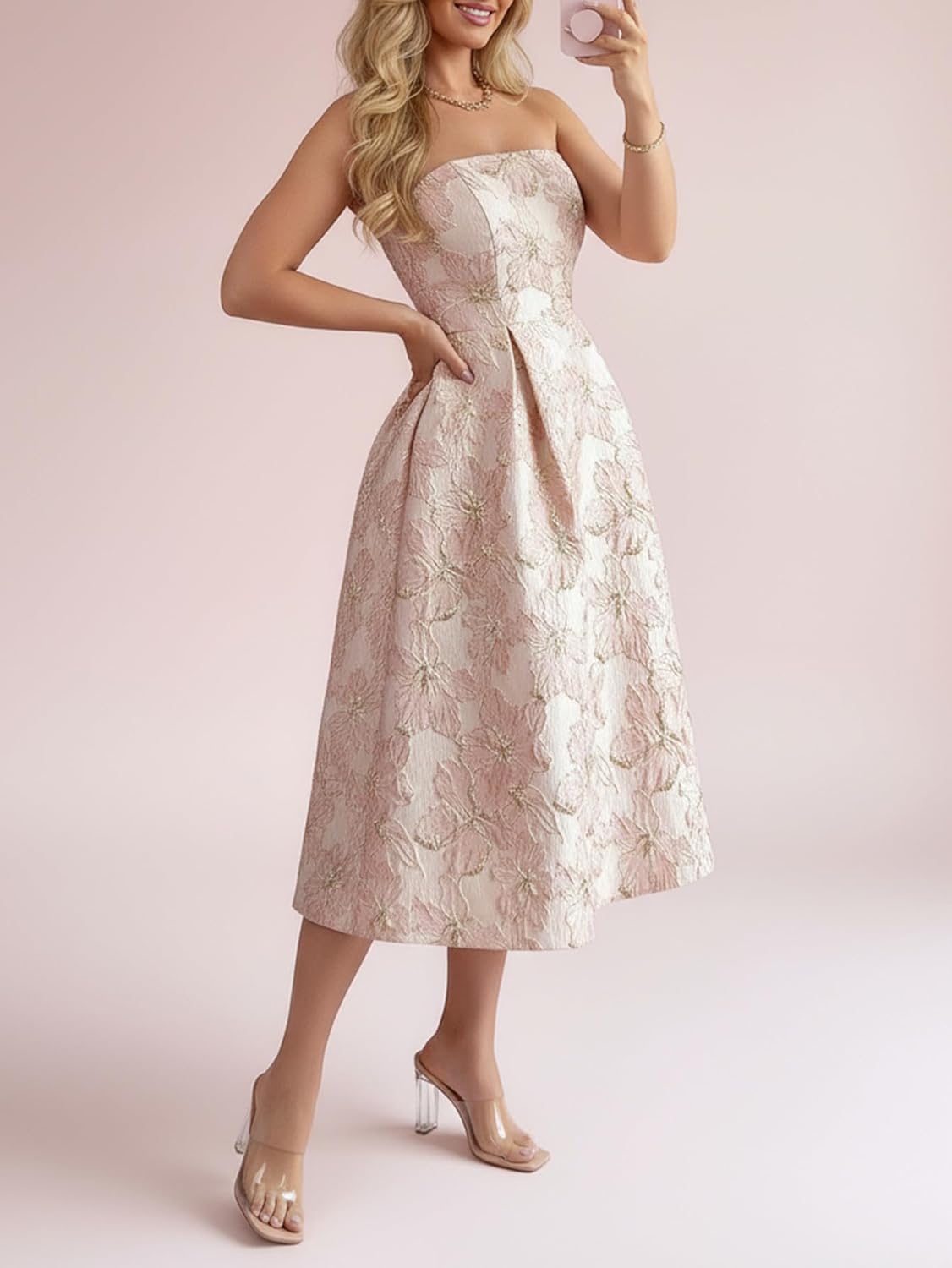 Women's Elegant Floral Midi Tube Top Dress Formal Strapless A Line Party Prom Dresses - Image 3