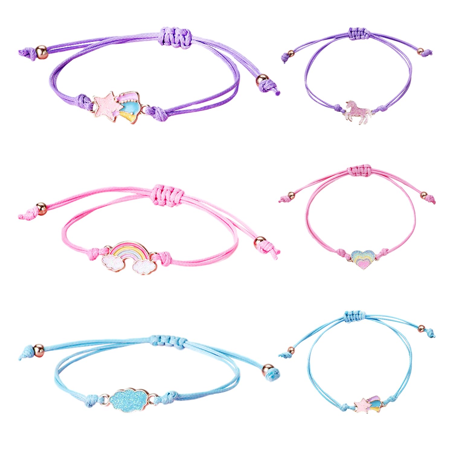 Lot de 6 bracelets colorés pour enfants en cuir réglables arc-en-ciel