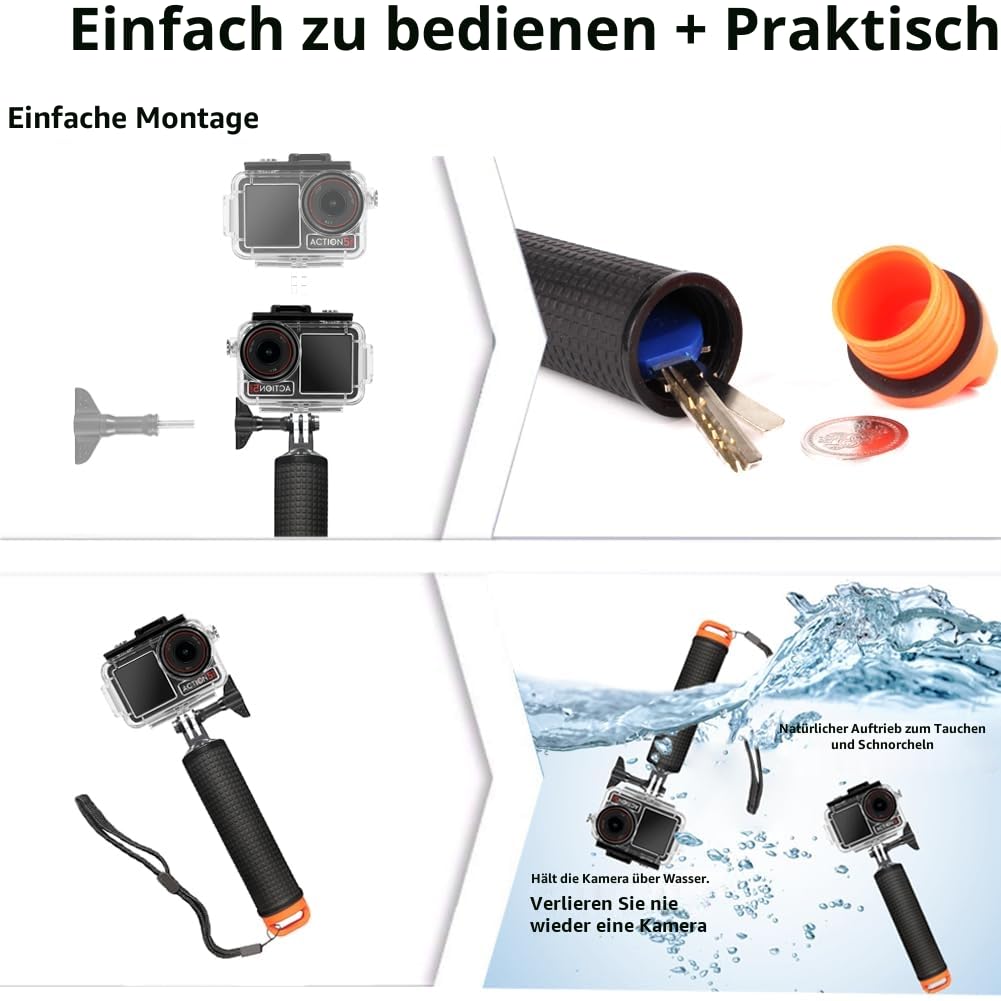 Osmo Action Tauch-Zubehör Set, Wasserdichtes Gehäuse für DJI Osmo Action 5 Pro/Action 4 /Action 3 +Schwimmfähiger Griff + Schnellmontage Klammer + 6 Anti-Fog-Einsätze