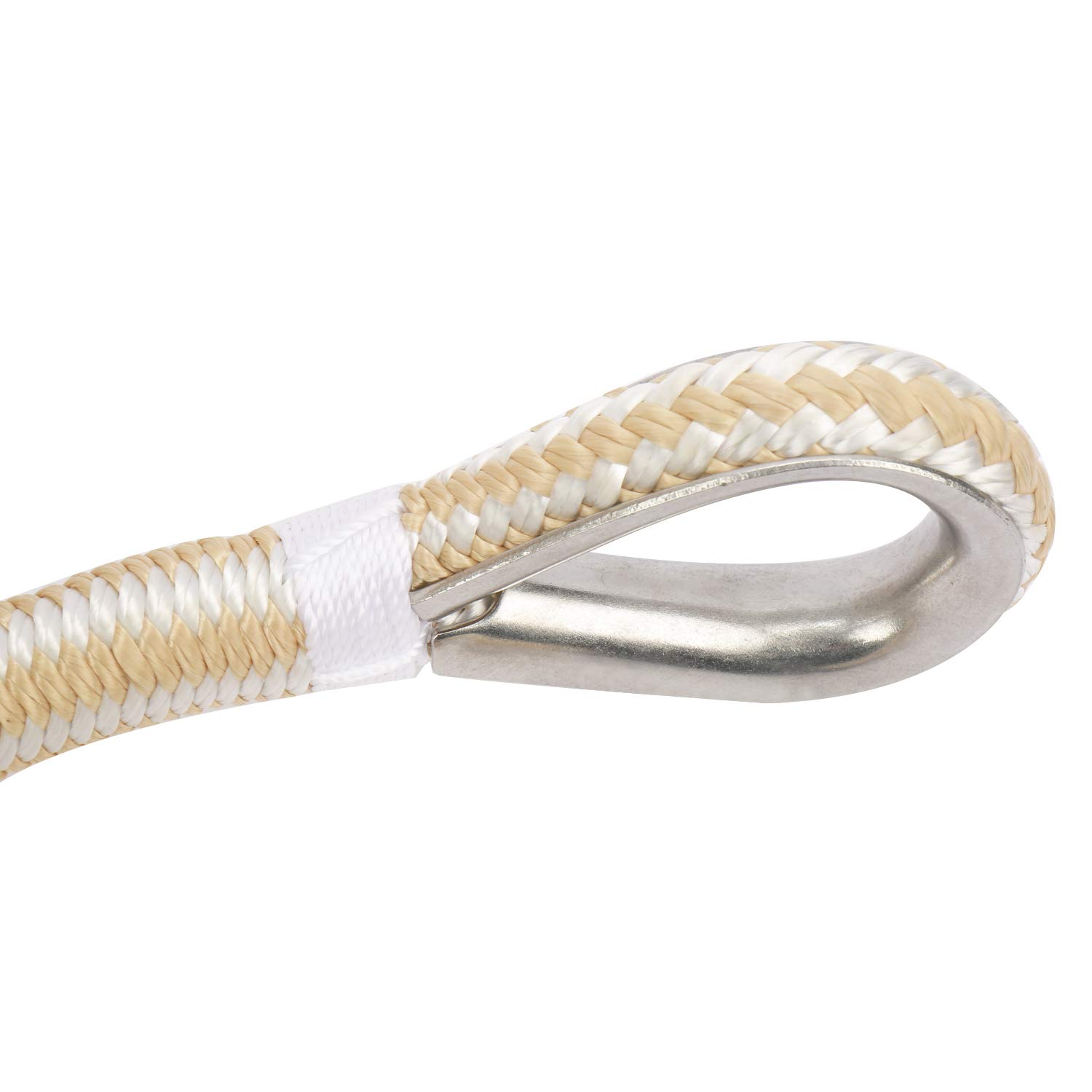NovelBee línea de anclaje de nailon doble trenzado de 5/8 pulgadas x 300 pies, con dedal de acero inoxidable y portabrocas de plástico, blanco/dorado