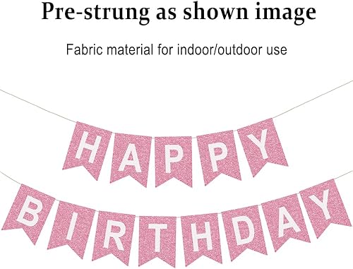 Miniatura 3 de Cartel de feliz cumpleaños de tela, cartel de cumpleaños rosa con purpurina premontada para decoraciones de fiesta de cumpleaños