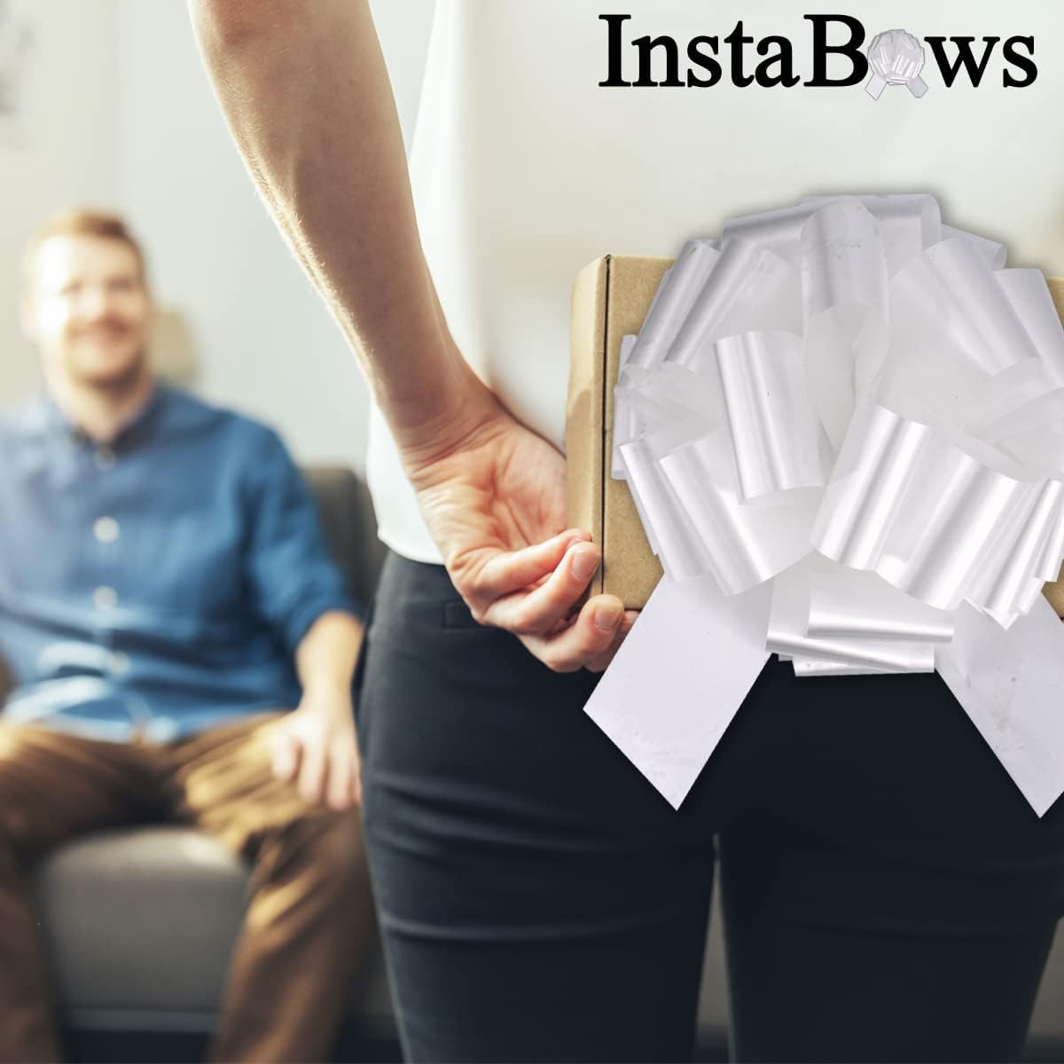 InstaBows Beautiful Extra Large White 12" Pull Bow - Perfect Big Bow for Weddings & Large Gifts - Ideal for Bridal Showers, Wedding Gifts & Birthdays - Stand Out with Style (White)