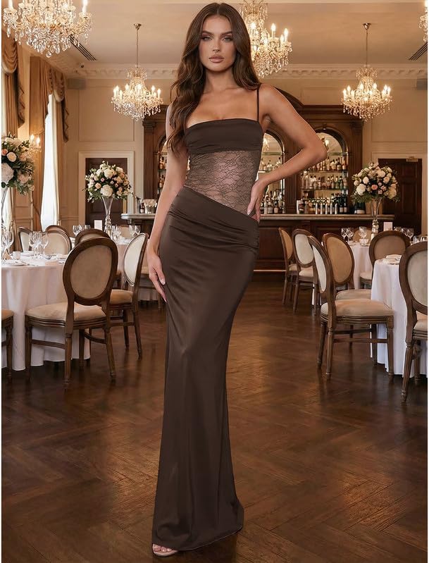 Kleid Damen Sexy Spitze Patchwork Slip Maxikleid Rückenfreies Bodycon Patykleid Figurbetontes Hochzeitsgast Kleider Lange Ärmelloses Elegant eng Abschlusskleid Spaghettiträger Cocktailkleid