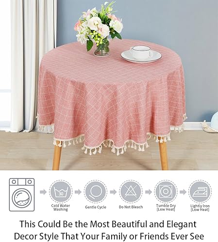 Miniatura 5 de ShinyBeauty Mantel redondo  Mantel de lino de algodón  sin arrugas  a prueba de polvo  Buffalo Check  Lino de mesa de vacaciones  55 pulgadas  Borla