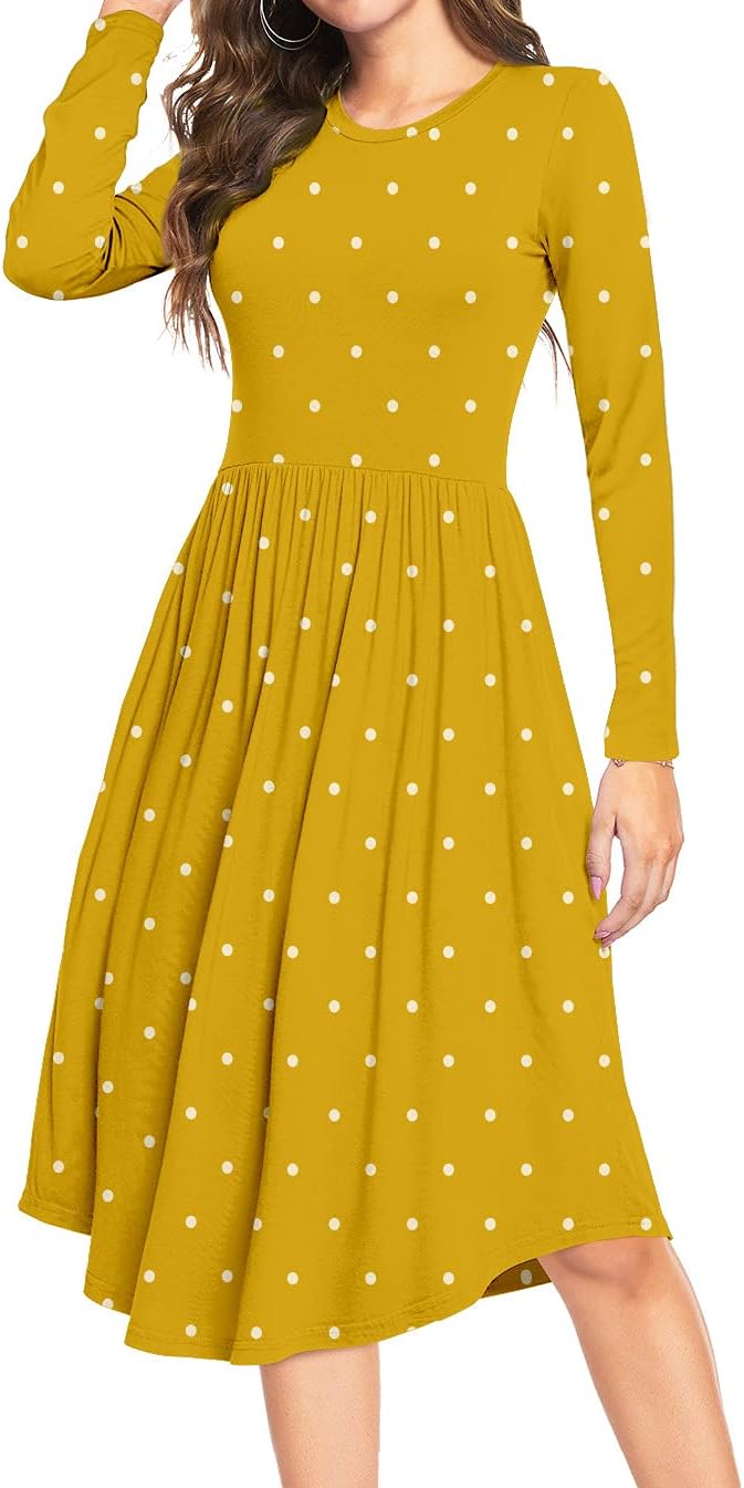 YUNDAI Women Summer Midi Dress Short/Long Sleeve Ladies Dress Crew/V-Neck Floral Plain Beach Party Dresses with Pocket