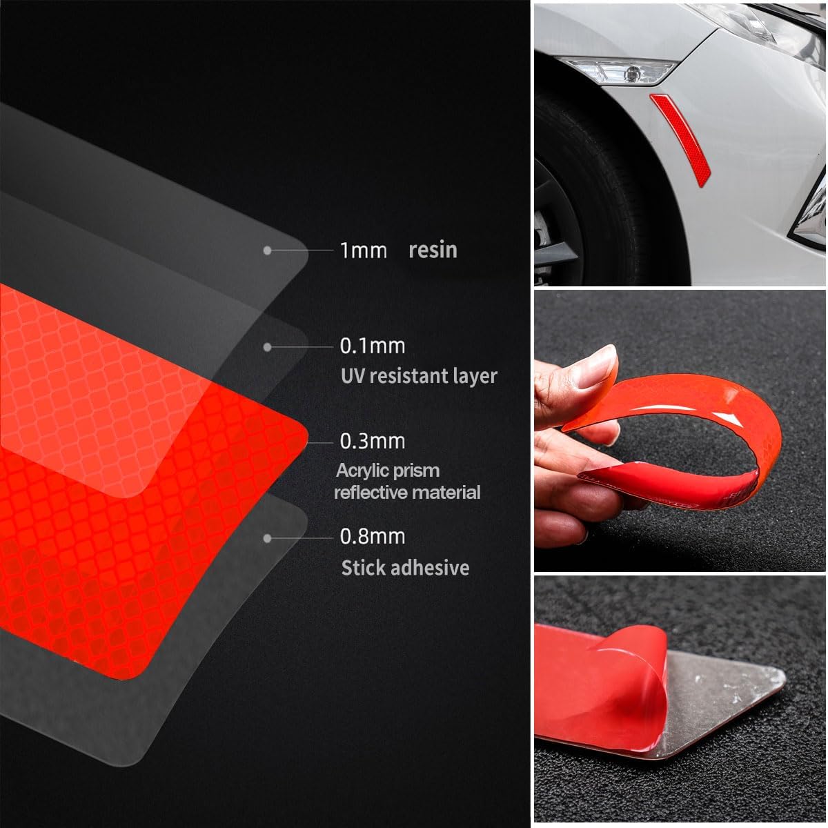 muekzru Car Reflective Trim Side Marker Stickers,Automotive Exterior Accessories Reflector Guard for Car SUV Pickup Truck Wheel Well Arch or Side Bumper Fenders, Outdoor Safety (RED-4PCS)