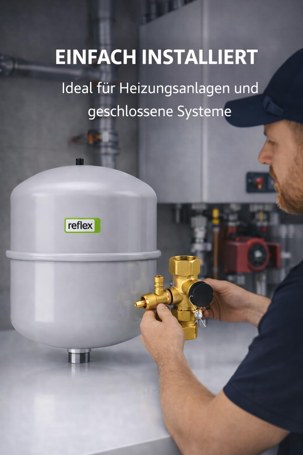 Reflex N 25 Membran-Druckausdehnungsgefäß 25 l, grau + Kappenventil 4 bar 3/4"×3/4" Messing mit KFE-Hahn – für geschlossene Heiz-/Kühlwassersysteme, DIN EN 13831, PED 2014/68/EU