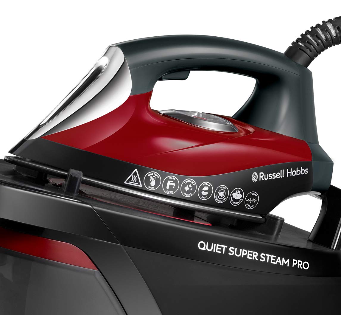 Russell Hobbs Centro de Planchado Quiet Super Steam Pro - 2750 W, Suela Cerámica, Tecnología One Temperature, Presión 8 Bares, Depósito 1,8L, Antical, Vapor Generado 315 g, Negro y Rojo - 24460-56