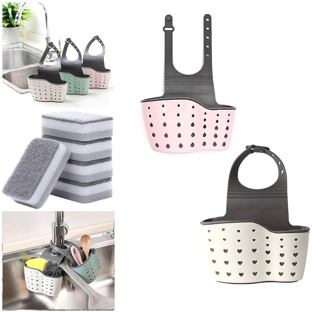 Hk Online Multicolor 1 Pink & 1 White Tap Sponge Soap Holder & Pk5 Sponges Included -Easy Fasten, Sink Draining Caddy, Dishcloth Holder, Soap Sponge Holder (1 Pink/1 White Holder & 5 Sponges)